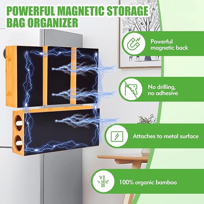 Magnetic Food Bag Organizer for Refrigerator or Drawer, Bamboo Foil and Plastic Wrap Organizer with Cutter, Kitchen Food Storage Bag Holder for Gallon, Quart, Snack, Sandwich, Size Baggie