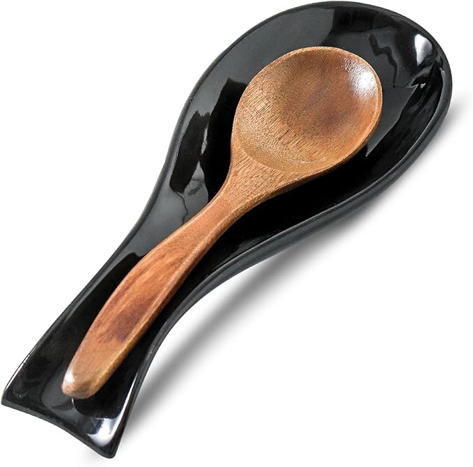 Ceramic Spoon Rest for Stove Top, Large 8.7 Inch Spoon Holder for Kitchen Counter, Porcelain Utensil Rest for Ladle, Spatula, Housewarming Gifts, Dishwasher Safe and Heat-Resistant, Black (1 PC)