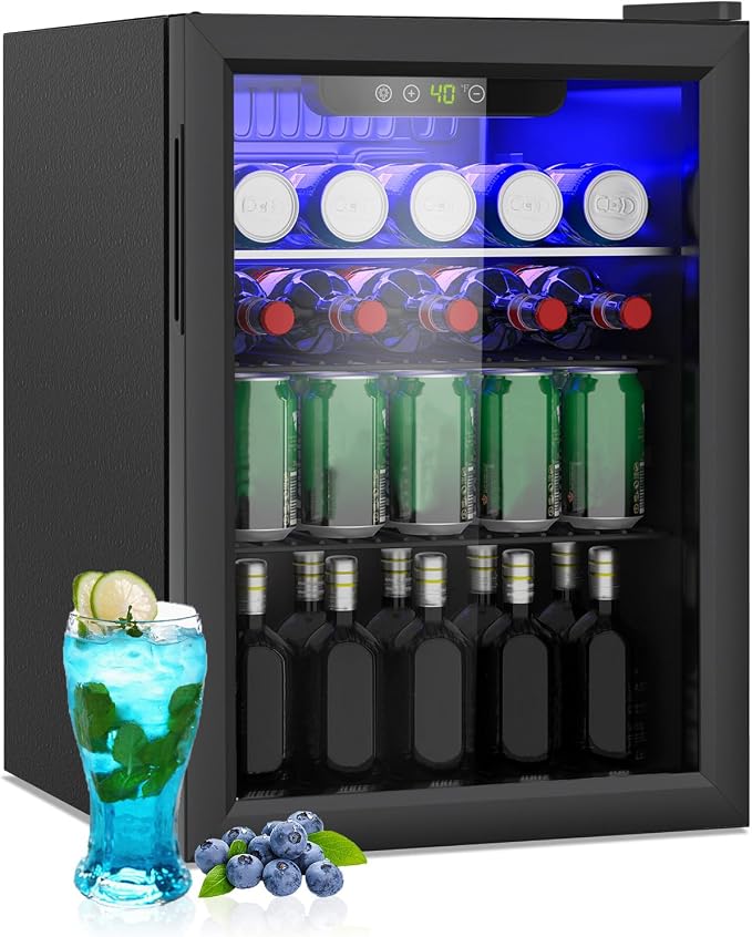 Compact 95 Can/2.6Cu.Ft Mini Fridge For Soda, Beer Or Wine, Portable Small Beverage Refrigerator With Digital Display&Removable Shelves &Reversible Glass Front Door For Office, Dorm, Bar
