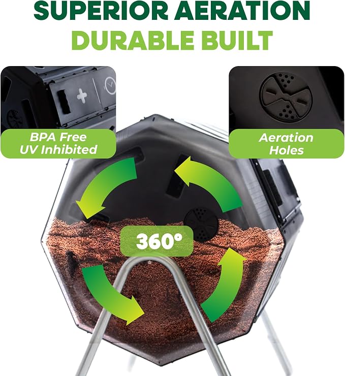FCMP Outdoor Heavy Duty 37 Gallon 8 Sided Steel Portable Plastic Dual Chamber Tumbling Composter Outdoor Elevated Rotating Garden Compost Bin, Black | 8 Sided Portable Plastic Outdoor Elevated Rotating Garden Compost Bin, Black