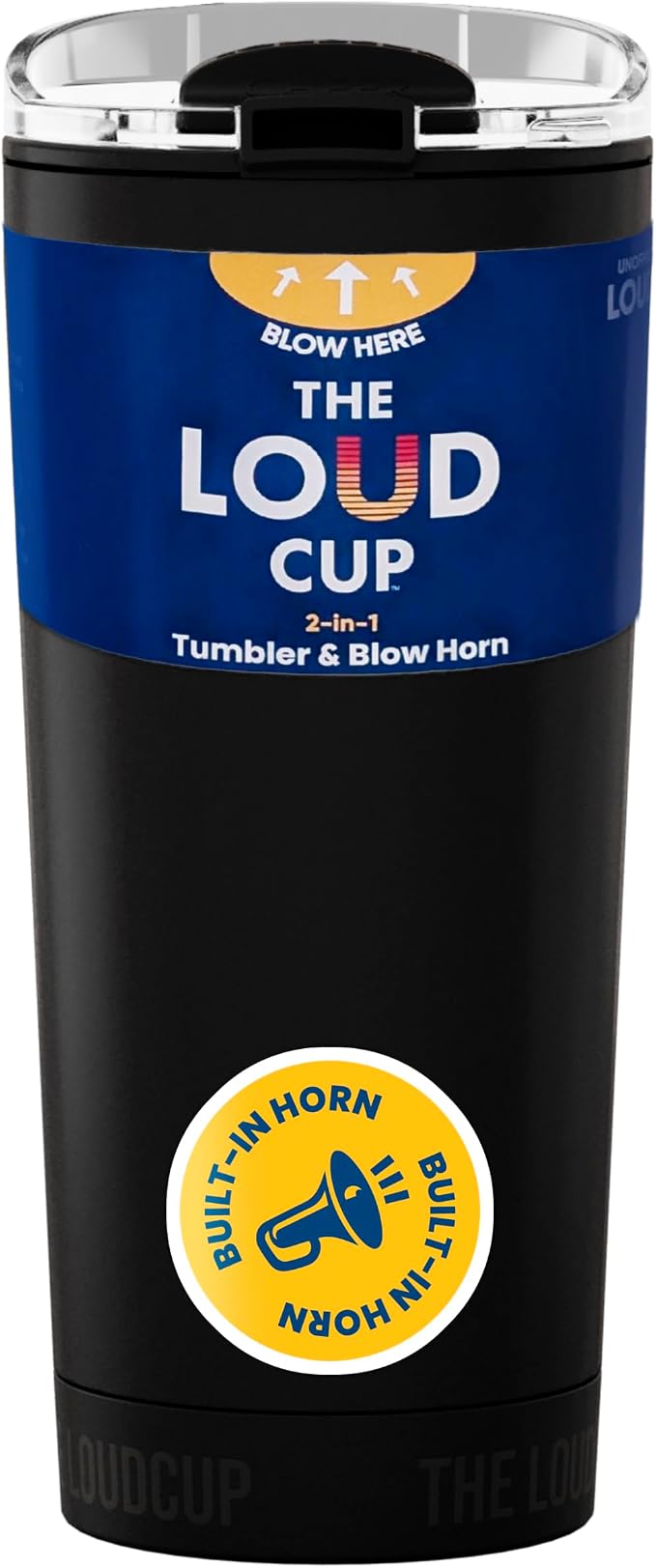 The LoudCup Blow Horn Tumbler, Cheer & Sip 2-in-1 Reusable Water Bottle with Built-In Horn for Sports Games, Tailgates, Parties & Events, BPA-Free, 16 oz, Jet Black