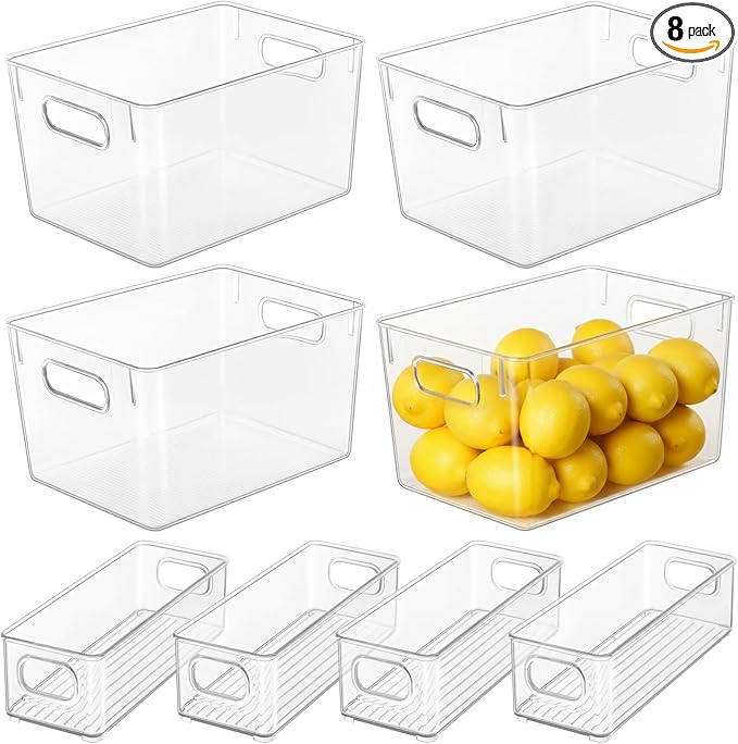 Hudgan Set of 8 Clear Plastic Storage Bins 4 Large and 4 Small Stackable Storage Containers for Pantry Organizers and Kitchen Storage, Cabinet, Freezer, Under Sink Organization