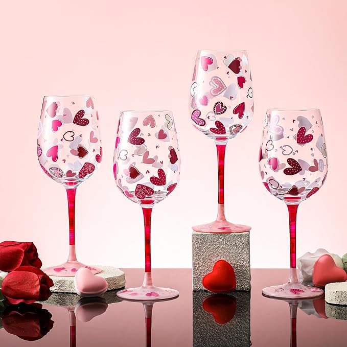 SiliFine 4 Pcs Valentine's Day Party Stemmed Wine Glasses Hand Painted Drinking Cup Wine Glasses for Birthday Theme Holiday Party Supply