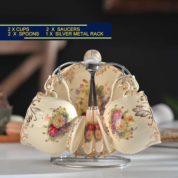 YOLIFE Tea Cup and Saucer Set of 2, 8 oz Vintage Ivory Porcelain Tea Cups Set with Stand, Teacup Saucer Set - Flowering Shrubs with Gold Leaves