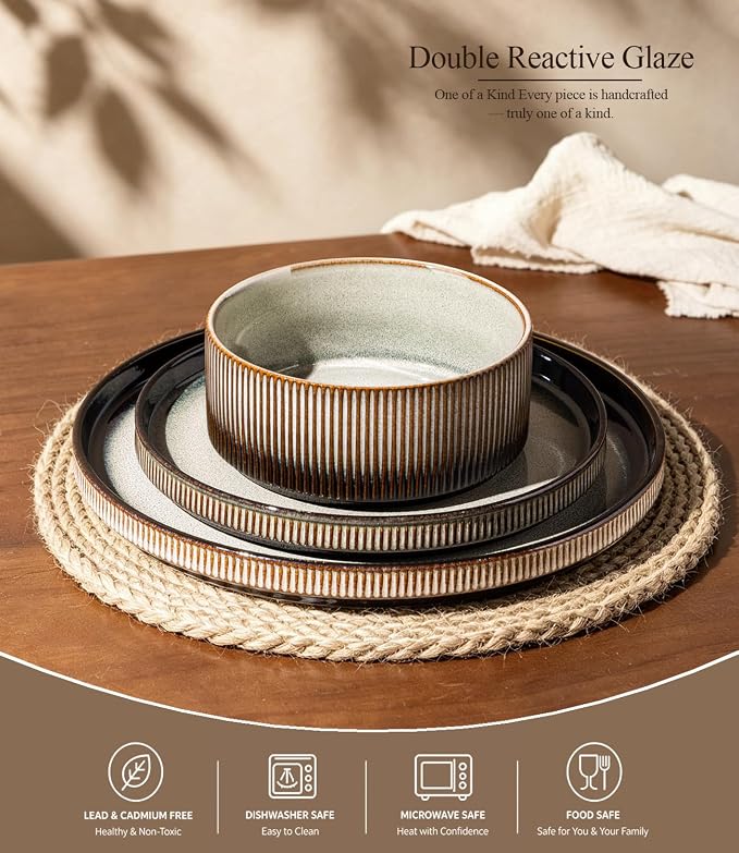 GBHOME 12-Piece Stoneware Dinnerware Set for 4 – Ribbed Ceramic Plates and Bowls, Scratch-Resistant, Microwave & Dishwasher Safe, Reactive Glaze, Sage Dersert Gradient