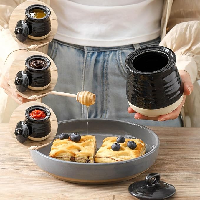 Ceramic 12 Ounce Honey Jar and Dipper Set,Porcelain Honey Pot with Lid and Wooden Dipper,Cute Honey Containers for Party,Holiday,Halloween Favors,Farmhouse Kitchen Decor,Dishwasher Safe,Black