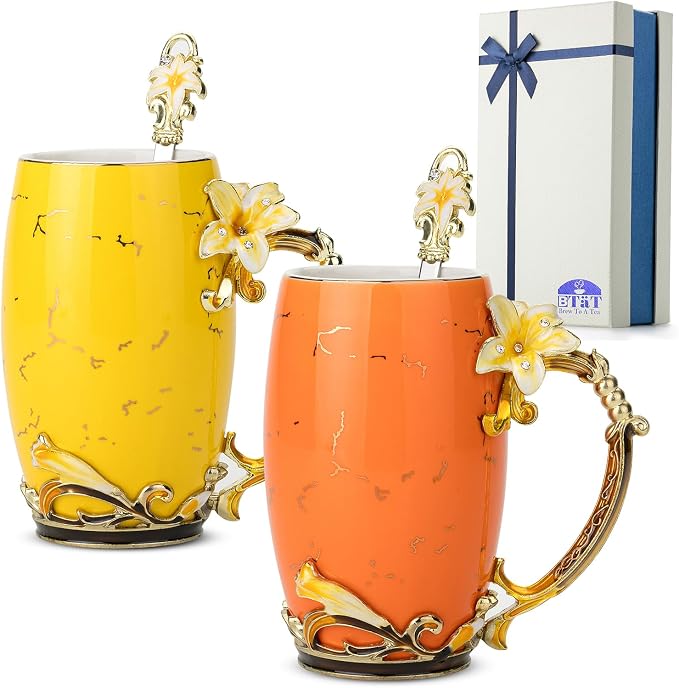 BTaT- Floral Ceramic Mugs with Spoon, Set of 2, Yellow and Orange, Fancy Coffee Mugs with Spoon