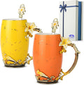 BTaT- Floral Ceramic Mugs with Spoon, Set of 2, Yellow and Orange, Fancy Coffee Mugs with Spoon