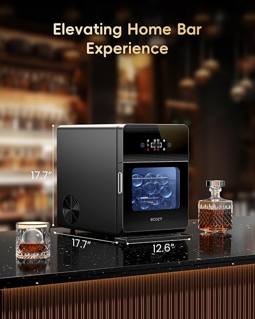 ecozy 2" Clear Ice Ball Maker Countertop with CrystalFlux Technology, 4 pcs in 40 Mins, 144 pcs/Day, Sphere Ice Maker with Enhanced Insulation, Automatic Water Supply, Self-Cleaning for Whiskey Bar