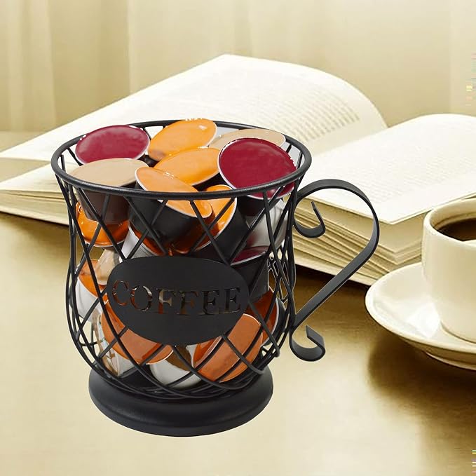 Coffee Pod Holder Mug Shape Multi Use K Cup Holder Coffee Station organizer Storage Wire Basket Food Storage for Counter Coffee Bar Black