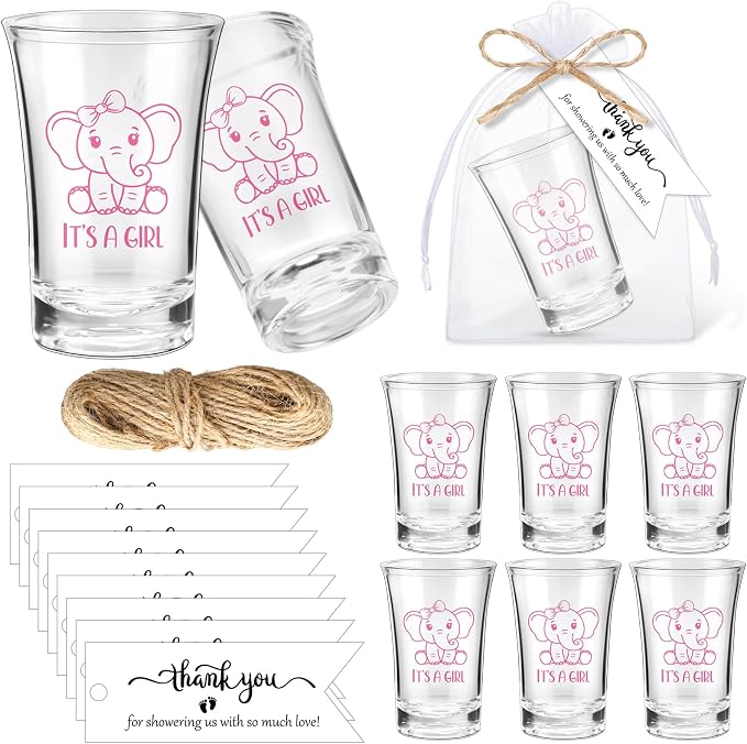 Pickmesh 25 Sets Baby Shower Shot Glasses for Guests Include Acrylic Clear Shot Glasses Thank You Cards Organza Bags Babies Shower Gifts for Gender Reveal Party Supplies (Elephant Girl)