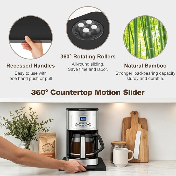 360° Rolling Tray Bamboo Appliance Slider for Kitchen Appliances,Coffee Maker Mat Tray for Countertops Sliding Tray for Coffee Maker Appliances Mat Easily from Under The Cabinet,Black 11.8"×9.8"