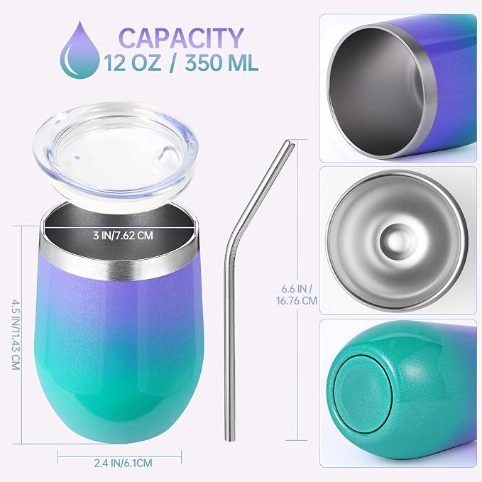 Volhoply 12oz Stainless Steel Wine Tumbler with Lid and Straw,Double Wall Vacuum Insulated Stemless Wine Glasses,Reusable Travel Coffe Mug for Cold Drinks,Tumblers Gifts for Women（Purple Green,1 Set）