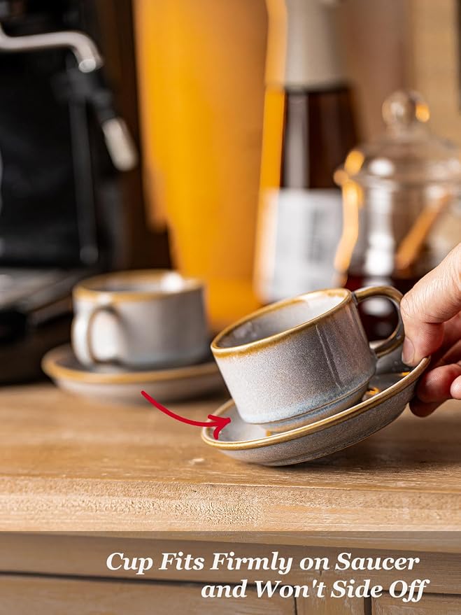Gomakren 2.5 Ounce Espresso Cups Set of 4, Small Stackable Coffee Cups with Saucers and Metal Stand Father's Day Porcelain Demitasse Cups for Specialty Coffee Drinks, Espresso, Cappuccino, Latte, Gray