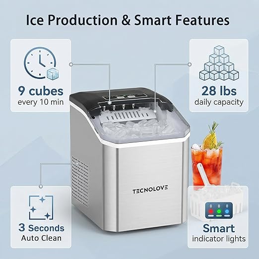 Countertop Ice Maker, 9 Ice Cubes in 10 Minutes, Self-Cleaning Portable Ice Machine with Scoop and Basket, 28lbs/24H, Ultra Quiet Stainless Steel for Home Kitchen Bar Party