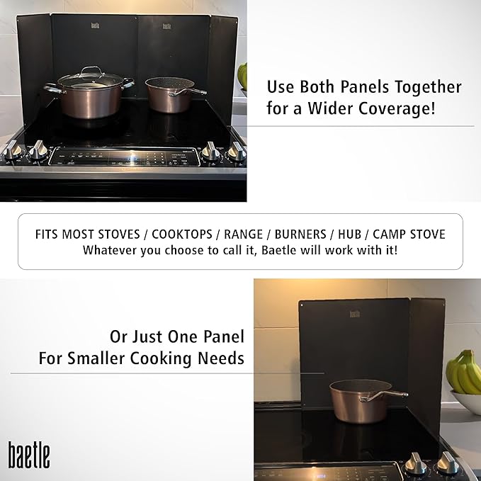 Extra-Large 2-Piece Splatter Guard (15.7” x 15.7”), Heavy-Duty, Commercial-Quality Stainless Steel Oil Splash Shield with Foldable 2-Panel Design & Silicone Spoon Rest by Baetle