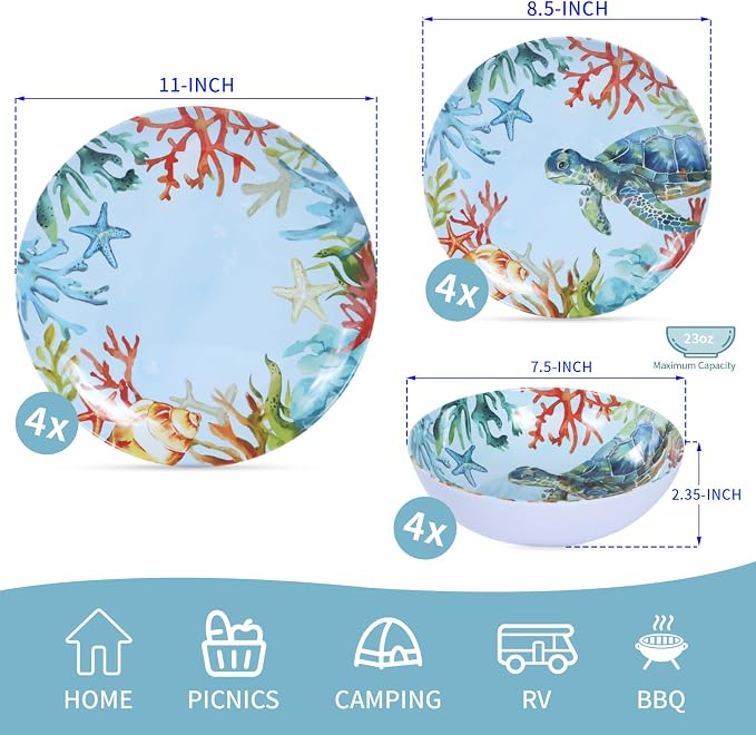 12-Piece Melamine Turtle Dinnerware Set, Ocean Plates and Bowls Sets, Indoor Outdoor Dish Sets for 4, Unbreakable Lightweight Tableware Set - Turtle