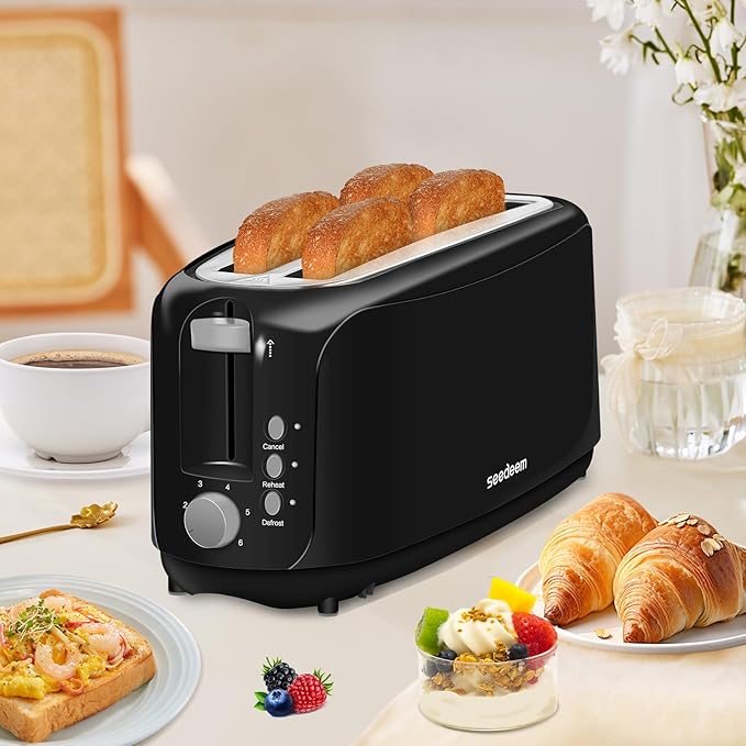 SEEDEEM 4 Slice Toaster, Extra Wide Slots Bread Toaster with 6 Shade Settings, Bagel/Cancel/Defrost/Reheat Functions, Removable Crumb Tray, Auto Shut-Off, Black