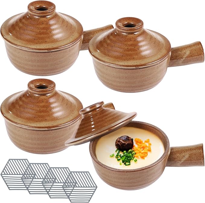 4 Sets Egg Cookers, Ceramic Microwave Cookers with Heat-resistant Silicone Pads, Egg Poachers with Dome Lids & Hollow Handles, 12 oz Clay Bowls for Eggs, Soup, Oven & Dishwasher Safe