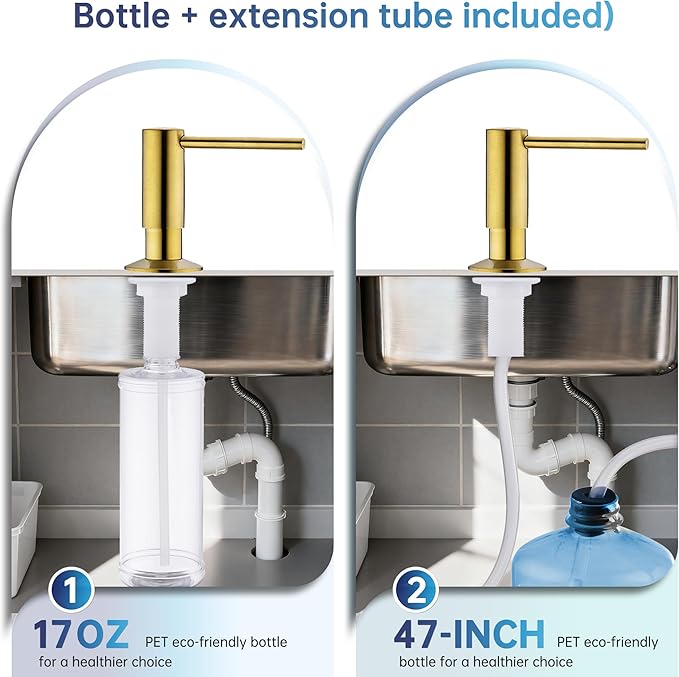 Avola Brushed Gold Deck Mounted Lotion or Soap Dispenser for Kitchen Sink, Spot-Free Brass Pump Liquid Lotion Kitchen Sink Soap Dispenser with 47" Extension Tube Kit&17 OZ PET Bottle
