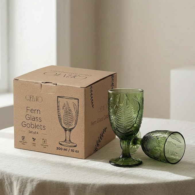 Green Glass Goblets Set of 4, 10 oz Hand-Pressed Vintage Glassware, Textured Fern Embossed Drinking Glasses, Boho Drinkware for Water, Cocktails, Mocktails, White & Red Wine, Antique Style Gift Set