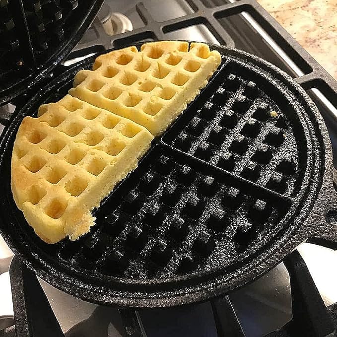 Lehmans Cast Iron Waffle Maker - Two Piece Hinged Non-Electric Waffle Iron for Stovetop or Grill Makes 7 inch Round Waffles - Non-Drip Double Rim - 8 pounds