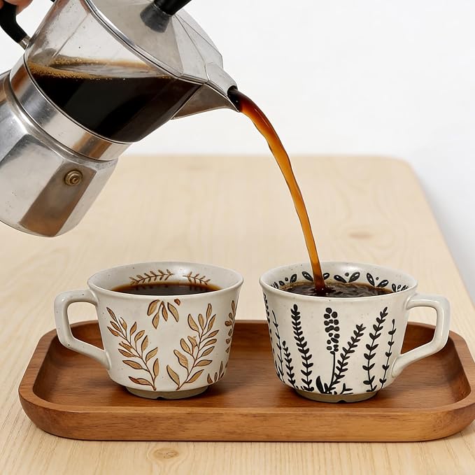 Vintage Ceramic Mug Set - 12 oz Unique Ceramic Coffee Mugs & Tea Cups with Hand-Drawn Patterns, Dishwasher & Microwave Safe, Ideal Gift