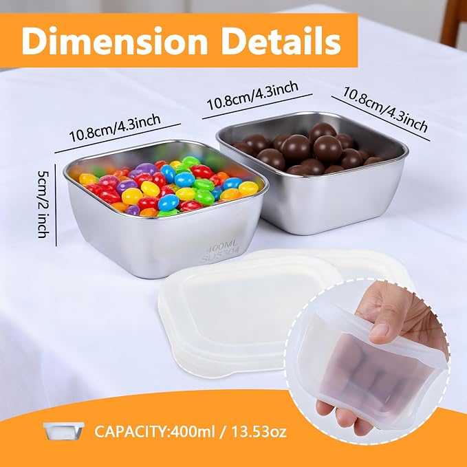 3 Pack 13.53 oz (400 ml) 304 Stainless Steel Snack Container – Leak-Proof, Grill & Oven Safe, Freezer & Dishwasher Safe, BPA-Free Silicone Lid, for Snacks, BBQ, Lunch, Camping, Baking