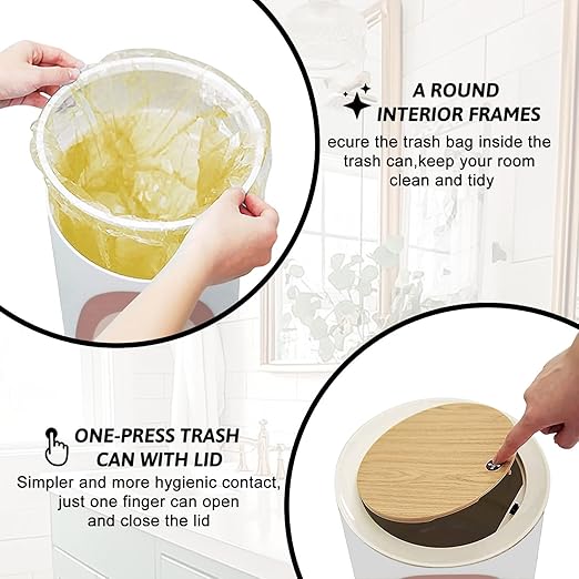 Trash Can with Lid Nursery Print for Playroom Kids Baby Bedrooms Press Top Round Small Garbage Bin with Wooden Legs Waste Basket for Kitchen Bedroom Nursery 7L/1.8 Gallon