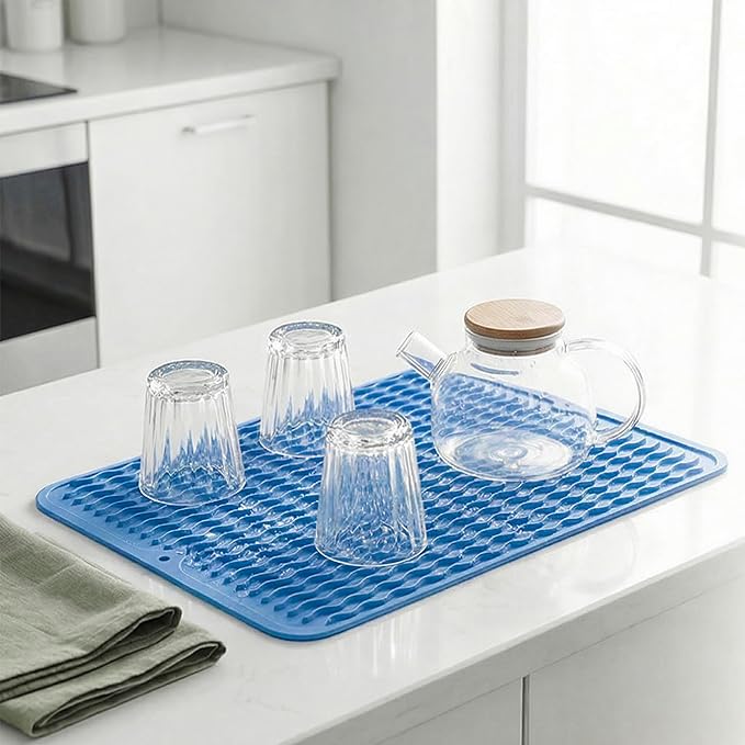 MicoYang Silicone Dish Drying Mat for Multiple Usage,Easy clean,Eco-friendly,Heat-resistant Silicone Mat for Kitchen Counter or Sink,Refrigerator or drawer liner Lichen BlueL L 16 inches x 12 inches