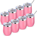 Volhoply 12oz Stainless Steel Wine Tumbler with Lid Bulk 8 Pack,Double Wall Vacuum Stemless Wine Glasses,Reusable Metal Travel Coffe Mug with Straw,Insulated Cup Gifts for Women,Christmas（Pink,8 Set）