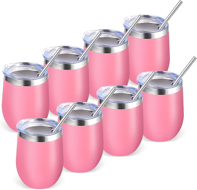 Volhoply 12oz Stainless Steel Wine Tumbler with Lid Bulk 8 Pack,Double Wall Vacuum Stemless Wine Glasses,Reusable Metal Travel Coffe Mug with Straw,Insulated Cup Gifts for Women,Christmas（Pink,8 Set）