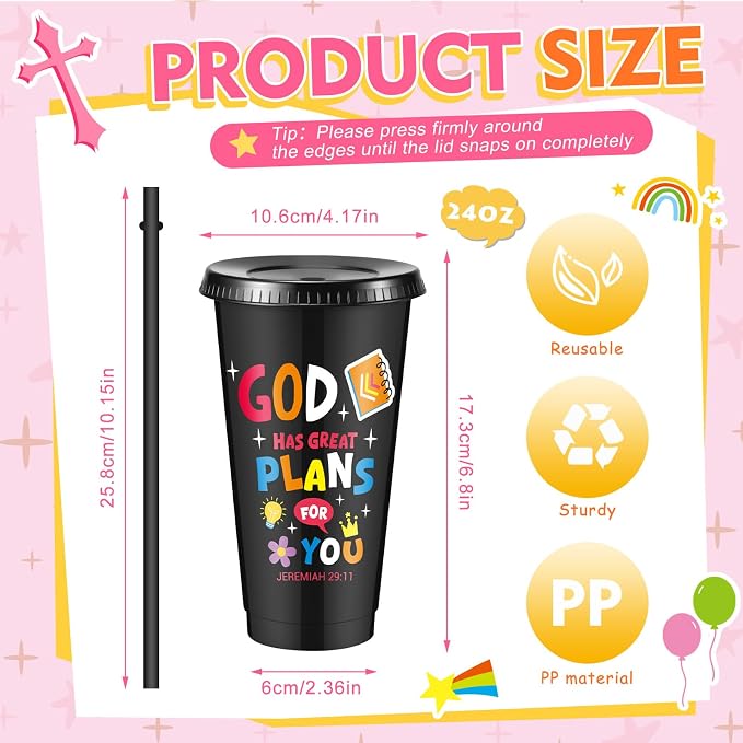 Uiifan 10 Pcs VBS Christian Cups Bulk for Kids, Religious Plastic Tumblers with Bible Verses, Sunday School and Church Gifts, Reusable Cups with Lids and Straws (Black)