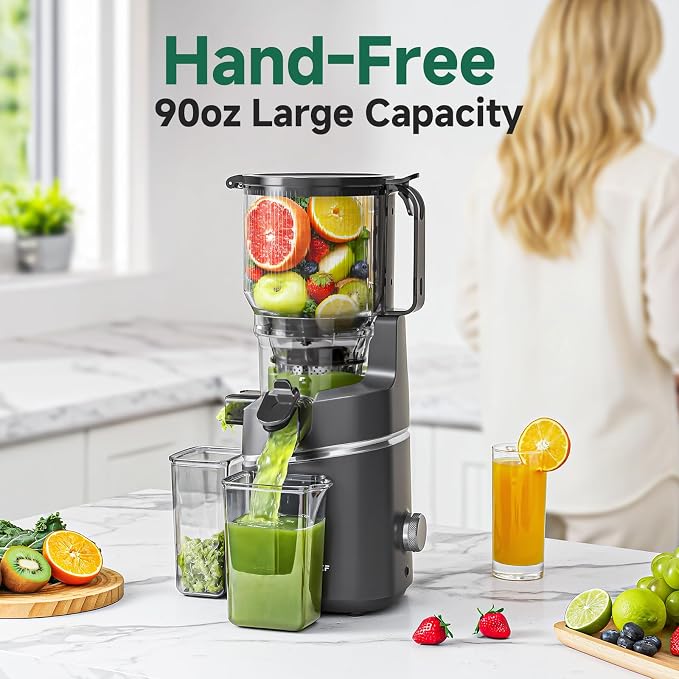 AMZCHEF Cold Press Juicer – 6.5" Wide Mouth Hopper for Whole Recipe Loading, Self Feeding for Hands-Free Operation, Zero Waste Masticating Juicer For More Juice, Less Pulp – Triple Strainers