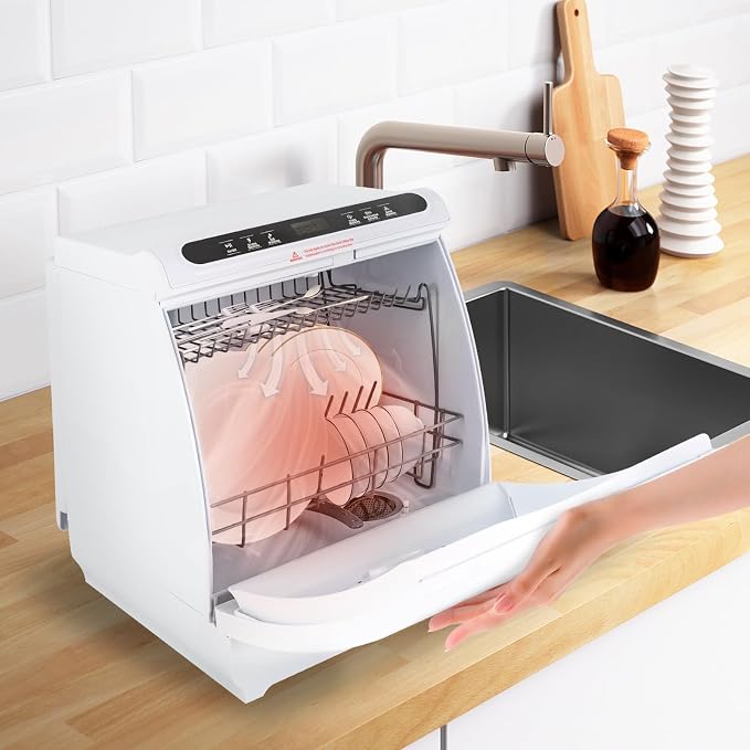 Countertop Dishwasher, Portable Dishwasher With Water Tank, 3 Washing Programs, 360-Degree Water Spraying, 75°C Hot Air Drying Technology, 110v, 1200w (White+Gold)