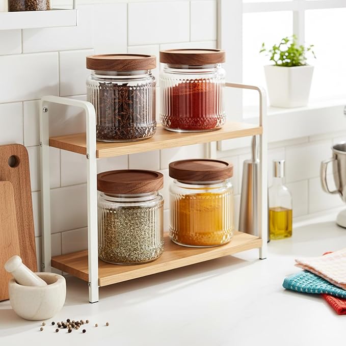 6 Pcs 500ml/17 oz Vintage Glass Storage Jar Glass Containers with Wood Lid Ribbed Pattern Airtight Kitchen Spice Containers for Pantry, Coffee Bean, Grains, Tea, Sugar, Flour, Candy, Oats