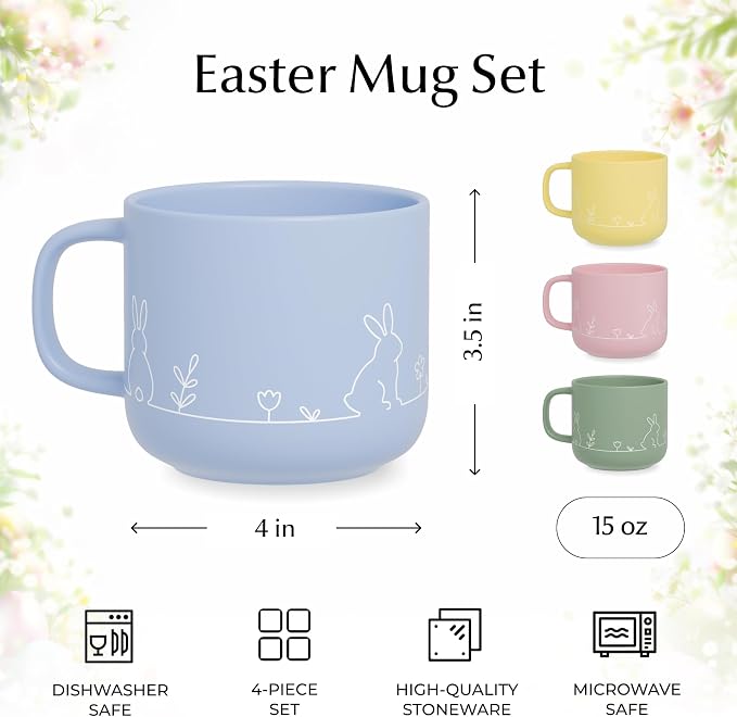 MIAMIO – Spring Cup Set / 4 × 15 oz ceramic coffee cups in pastel colors/large coffee and tea cups in a modern design – gift for women/men for Easter and spring – Prim Collection (Pastel)