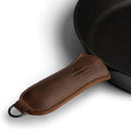 Hot Handle Panhandle with Half Ring, Potholder, Cookware Slides On/Off Easily onto Metal Skillet Grips, Full Grain Leather, Handmade, Bourbon Brown