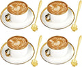 ALIMOTA 7oz White Gold Ceramic Coffee Mug Set of 4, Latte Mugs with Saucers and Spoons, White Latte Cups and Espresso Mug for Specialty Coffee Drinks, Latte, Cafe Mocha, Tea