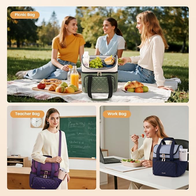 LOVEVOOK Insulated Lunch Bag For Women,X Large Double Deck Adult Lunch Box,Teacher Lunch Tote Bag With Cup Holder,Leakproof Cooler Bag With Adjustable Shoulder Strap For Work Picnic Beach,Larger 24L