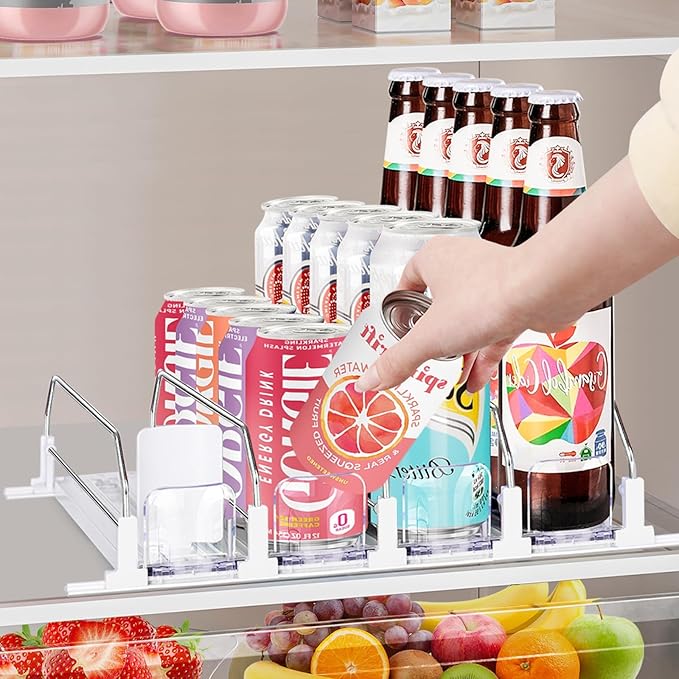 Soda Can Organizer & Dispenser for Refrigerator, Automatic Pusher Fridge Drink Organizer Holds up to 20 Cans Adjustable Width for Beer Beverage-4Row 15.3" D x 13.4" W