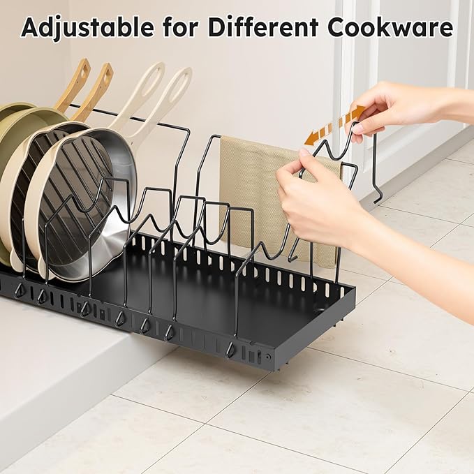 DTUQYX Pull-out Pots and Pans Organizer Under Cabinet - 1 Pack Expandable Pot and Pan Organizer Rack with 10 Adjustable Dividers for Pot, Cutting Board, Dishes, Lid, Baking Tray