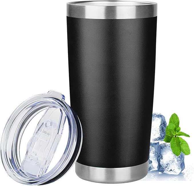 20oz Tumbler with Lid Stainless Steel Insulated Tumblers Travel Coffee Tumbler Bulk Double Wall Vacuum Insulated Water Cup Gifts for Christmas Women Men Her Him Home Office(Black, 1pack)