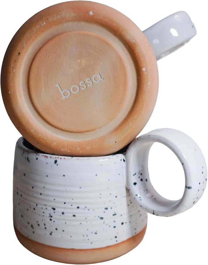 Bossa Stoneware Ceramic Cappuccino Cup 8oz White Set of 2 | Handcrafted Specialty Coffee Mug with Glazed Glossy Finish, Raw Unglazed Base & Large Handle | Microwave & Dishwasher Safe
