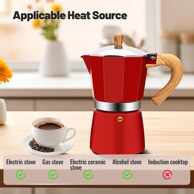 9 Cup Aluminum Moka Pot Classic Stovetop Espresso Coffee Maker 450ml 15oz Coffeemaker Percolator Mocha Pot Greca Coffee Maker Cafe Makers for Italian and Cuban Café Brewing Red