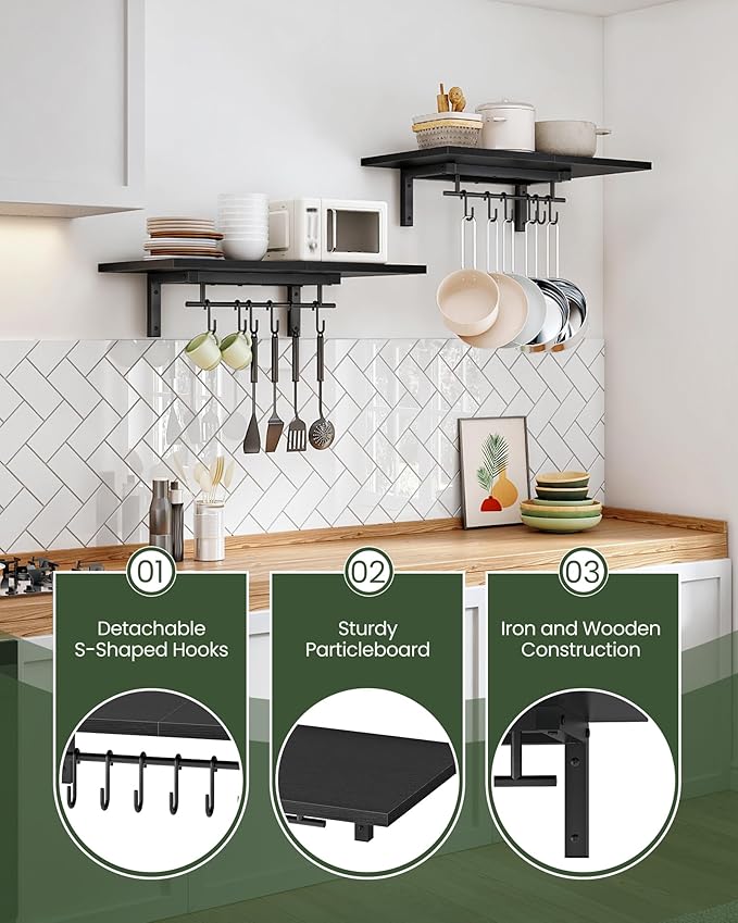 CHOEZON Wall-Mounted Pot Racks, Set of 2 Hanging Pot Rack, Floating Shelves, Vintage Pot Hangers for Kitchen, 2-Tier Hanging Shelves for Kitchen Storage, Black TPR26P2BB