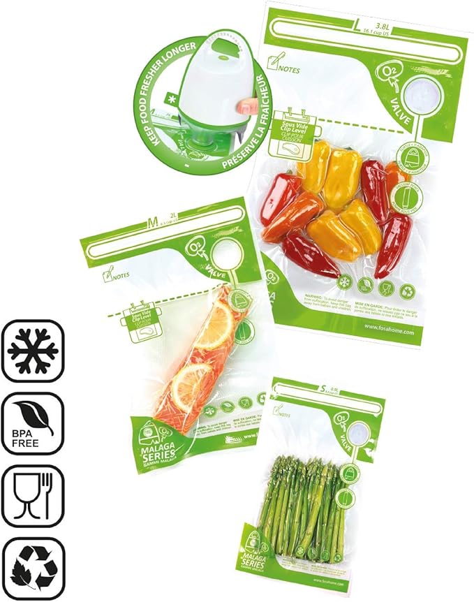 FOSA Spanish Reusable Vacuum Food Storage Bags - 14 Pack Multi Size Vacuum Zipper Bag with Adapter, Storage Bag for Home Organization, Sous Vide Cooking, Sanck outdoor (Vacuum Pump Not Included)