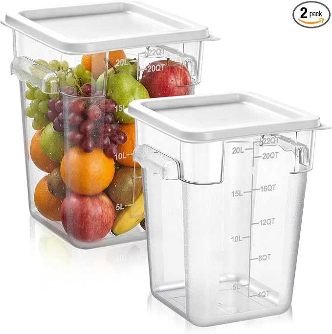 FoldTier 2 Pieces Square Food Storage Containers Polycarbonate Clear food Container with Lid Commercial Storage with Graduations for Commercial Kitchen Dough Marinating Meat(White,22 Qt)
