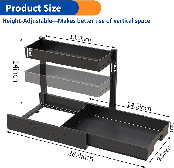 BLULEE 2 Tier Under Sink Organizer, Adjustable Cabinet Storage Rack（2 PACK） | Under the sink organizer for kitchen organization. Heavy duty metal frame clears bathroom vanity pipes safely.