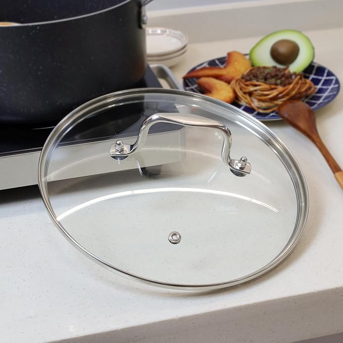 9.5 Inch Clear Glass Pot Lid for Frying Pan Replacement Cover Can Withstand 428°F (220℃) with Stainless Steel Arch Bridge Handle,Polished Silver